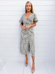 AX Paris Khaki Green Printed Bell Sleeve Midi Dress - Image 1 of 4