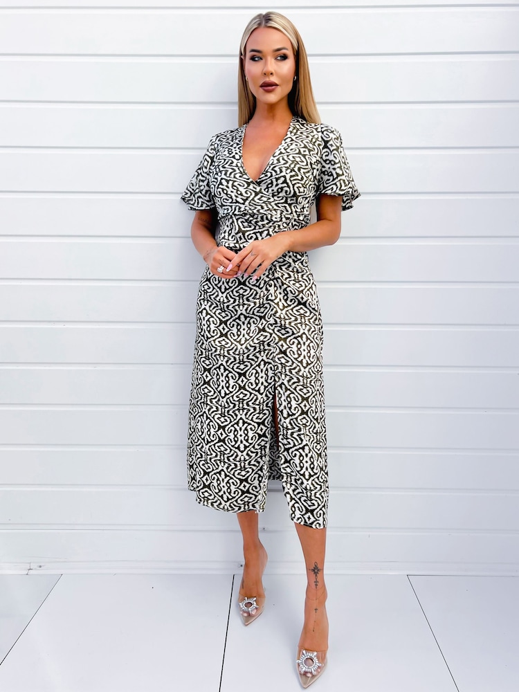 AX Paris Khaki Green Printed Bell Sleeve Midi Dress - Image 1 of 4