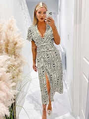 AX Paris Khaki Green Printed Bell Sleeve Midi Dress - Image 4 of 4