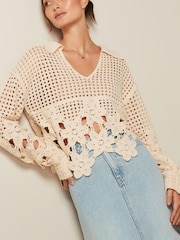 Ecru White Polo Neck Long Sleeve Crochet Scalloped Detail Jumper - Image 1 of 6