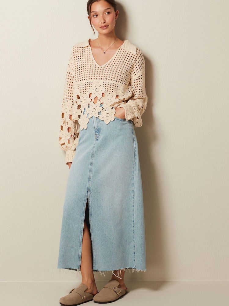 Ecru White Polo Neck Long Sleeve Crochet Scalloped Detail Jumper - Image 2 of 6