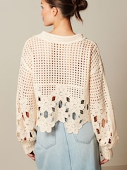 Ecru White Polo Neck Long Sleeve Crochet Scalloped Detail Jumper - Image 3 of 6