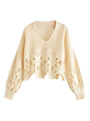 Ecru White Polo Neck Long Sleeve Crochet Scalloped Detail Jumper - Image 5 of 6