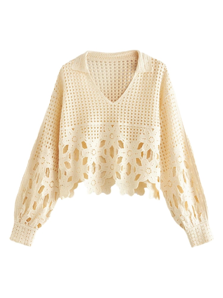 Ecru White Polo Neck Long Sleeve Crochet Scalloped Detail Jumper - Image 5 of 6