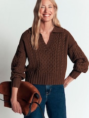 Boden Brown Collared Cable Jumper - Image 1 of 8