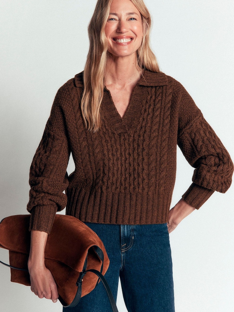 Boden Brown Collared Cable Jumper - Image 1 of 8 Boden Brown Collared Cable Jumper - Image 1 of 8