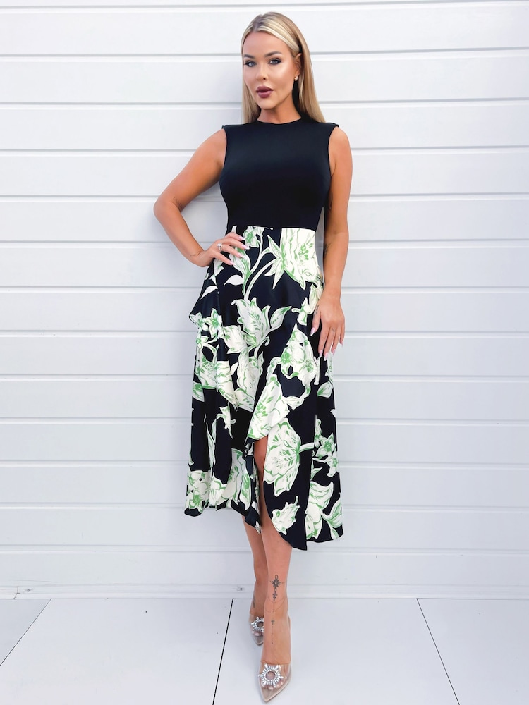 AX Paris Green Multi Floral 2-In-1 Frill Split Midi Dress - Image 1 of 4