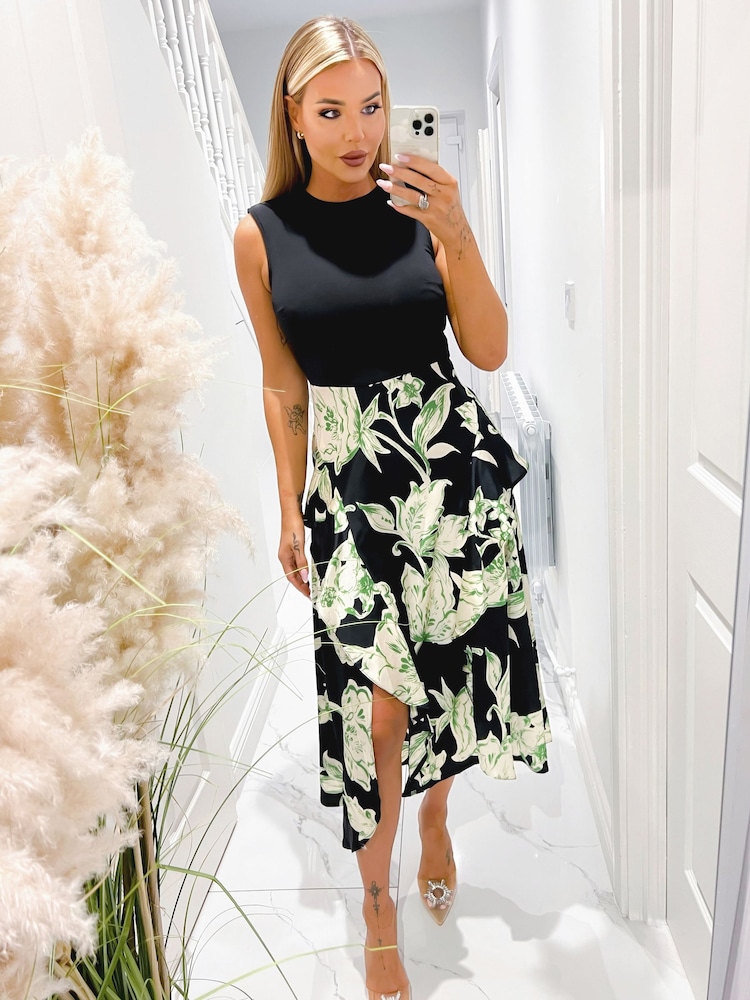 AX Paris Green Multi Floral 2-In-1 Frill Split Midi Dress - Image 4 of 4 AX Paris Green Multi Floral 2-In-1 Frill Split Midi Dress - Image 4 of 4