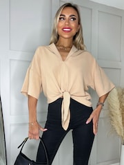 AX Paris V-Neck Collar Tie Front Blouse - Image 1 of 4