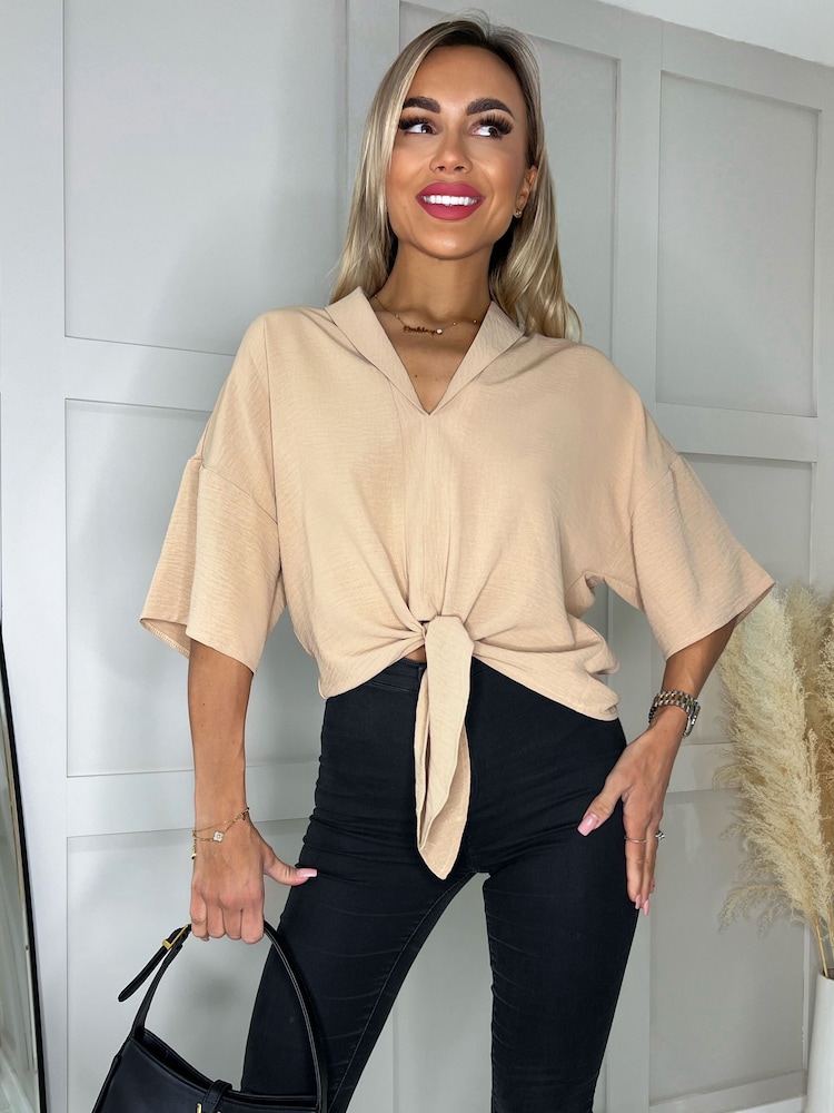AX Paris V-Neck Collar Tie Front Blouse - Image 1 of 4