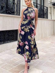 AX Paris Blue Floral Printed High Neck Tie Belt Midi Dress - Image 1 of 4