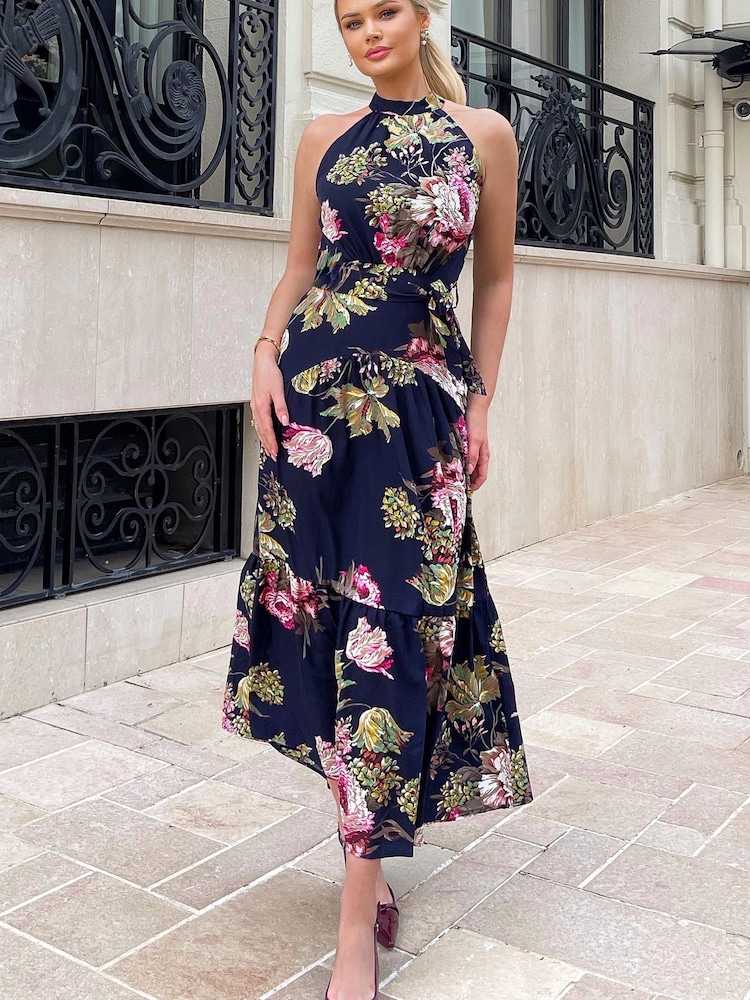 AX Paris Blue Floral Printed High Neck Tie Belt Midi Dress - Image 1 of 4