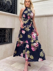 AX Paris Blue Floral Printed High Neck Tie Belt Midi Dress - Image 3 of 4