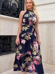 AX Paris Blue Floral Printed High Neck Tie Belt Midi Dress - Image 4 of 4