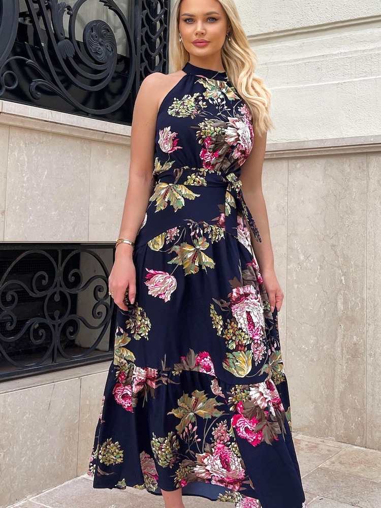AX Paris Blue Floral Printed High Neck Tie Belt Midi Dress - Image 4 of 4