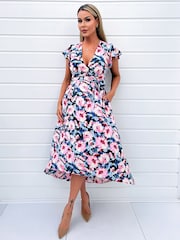 AX Paris Kurzärmeliges Midikleid mit Blumenmuster und Gürtel zum Wickeln, Rosa - Bild 1 von 4