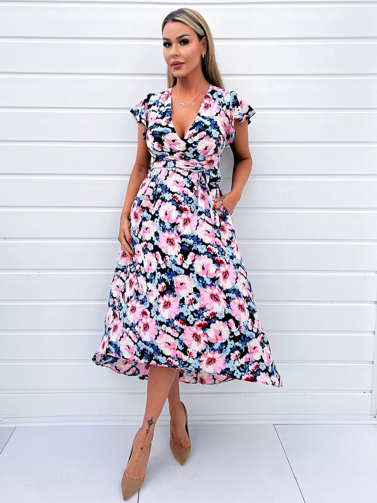 AX Paris Kurzärmeliges Midikleid mit Blumenmuster und Gürtel zum Wickeln, Rosa - Bild 1 von 4