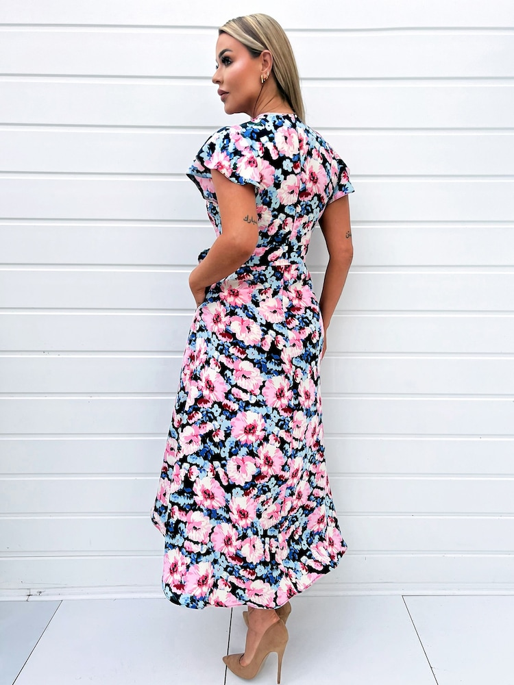 AX Paris Pink Floral Print Short Sleeve Belted Wrap Midi Dress - Image 2 of 4 AX Paris Pink Floral Print Short Sleeve Belted Wrap Midi Dress - Image 2 of 4
