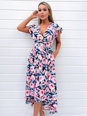 AX Paris Kurzärmeliges Midikleid mit Blumenmuster und Gürtel zum Wickeln, Rosa - Bild 3 von 4
