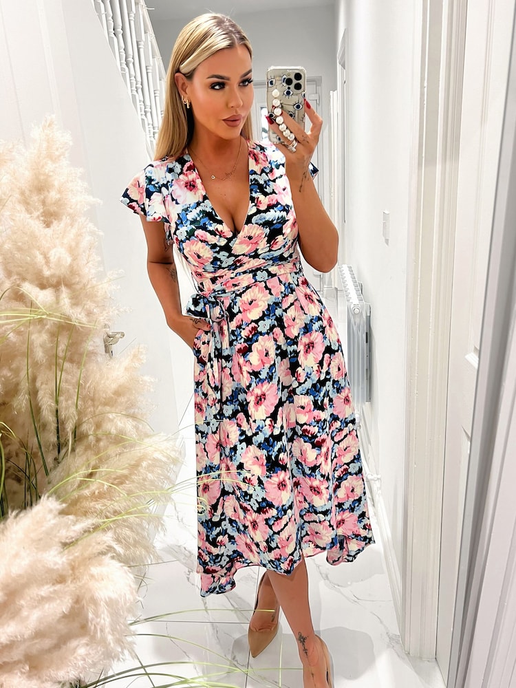 AX Paris Kurzärmeliges Midikleid mit Blumenmuster und Gürtel zum Wickeln, Rosa - Bild 4 von 4