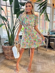 AX Paris Printed Short Puff Sleeve Gathered Side Mini Dress - Image 1 of 4