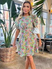 AX Paris Printed Short Puff Sleeve Gathered Side Mini Dress - Image 3 of 4