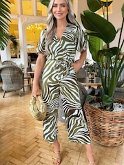 AX Paris Printed Butterfly Sleeve Belted Jumpsuit - Image 1 of 4