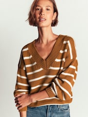 Boden Brown Stripe Lucy Cotton V-Neck Jumper - Image 1 of 7