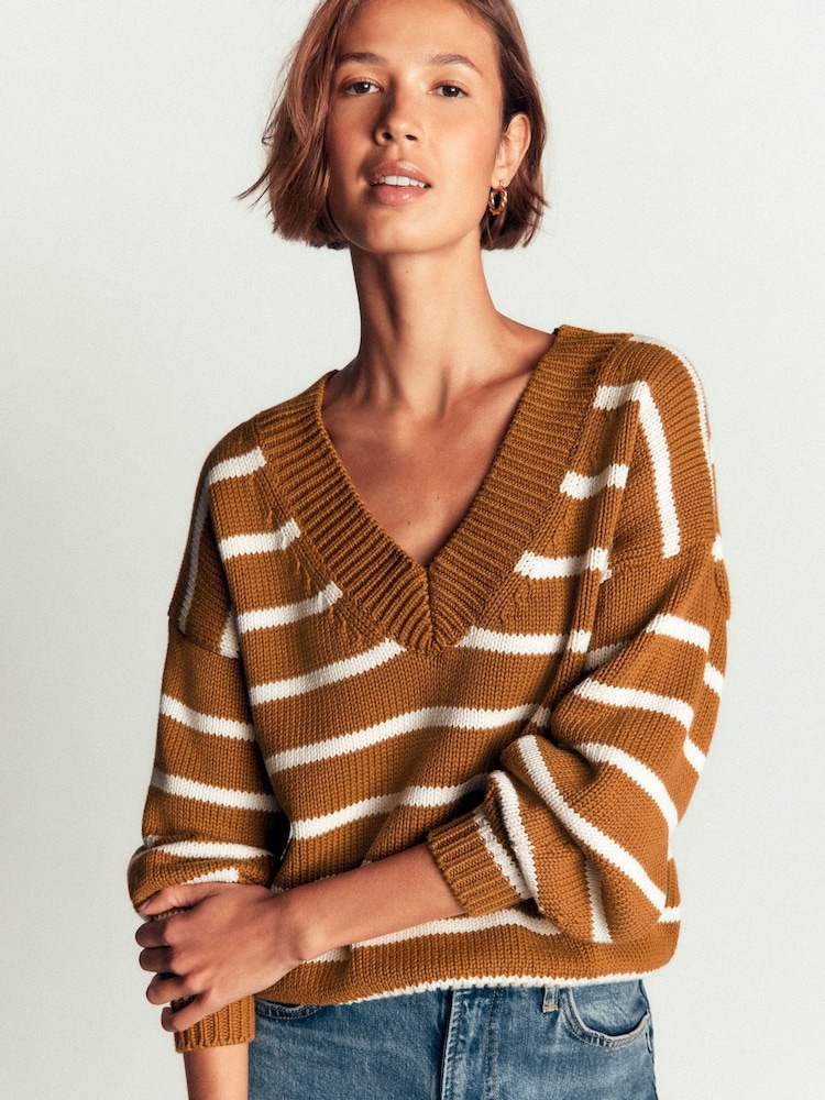 Boden Brown Stripe Lucy Cotton V-Neck Jumper - Image 1 of 7