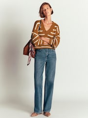 Boden Brown Stripe Lucy Cotton V-Neck Jumper - Image 3 of 7