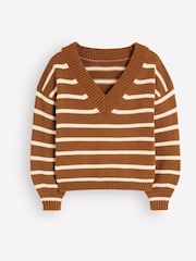 Boden Brown Stripe Lucy Cotton V-Neck Jumper - Image 6 of 7