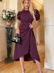 AX Paris Purple Plum Short Puff Sleeve Gathered Side Midi Dress - Image 1 of 4