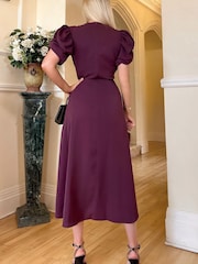 AX Paris Purple Plum Short Puff Sleeve Gathered Side Midi Dress - Image 2 of 4