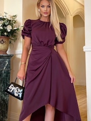 AX Paris Purple Plum Short Puff Sleeve Gathered Side Midi Dress - Image 3 of 4