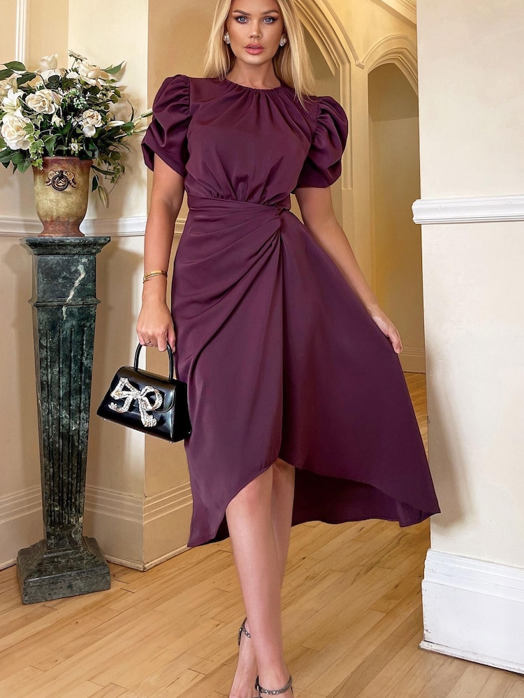 AX Paris Purple Plum Short Puff Sleeve Gathered Side Midi Dress - Image 4 of 4