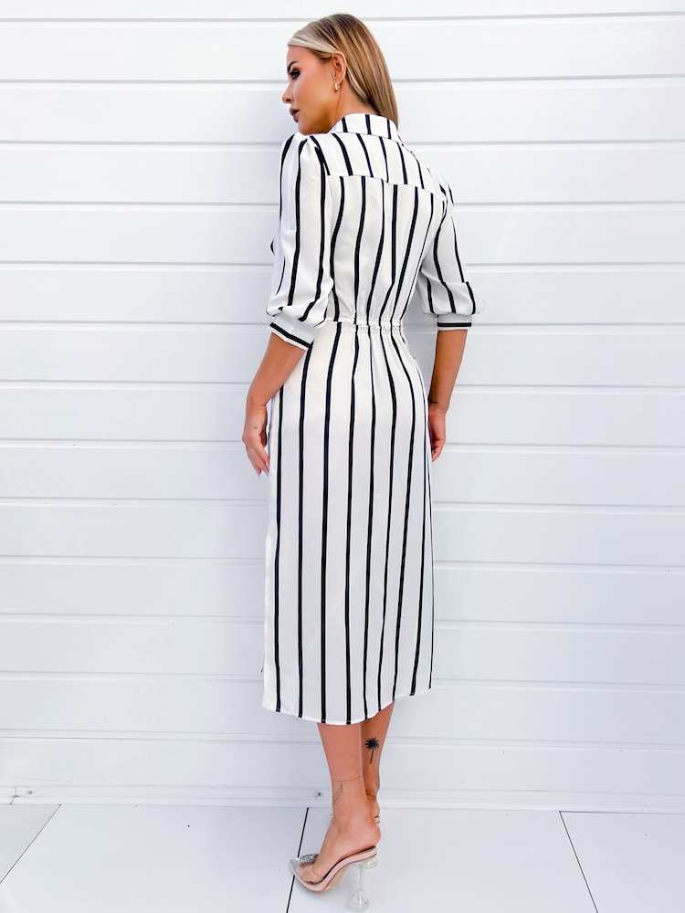 AX Paris Cream Striped Button Up 3/4 Sleeve Midi Dress - Image 2 of 4