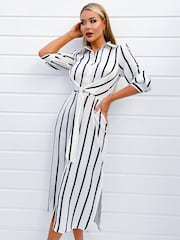 AX Paris Cream Striped Button Up 3/4 Sleeve Midi Dress - Image 3 of 4