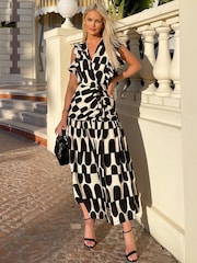 AX Paris Abstract Print Button Front Midi Black Dress - Image 4 of 4