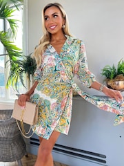 AX Paris Verde Paisley Multi Printed 3/4 Cravată cu mâneci cu manșetă Mini Rochie - Image 3 of 4