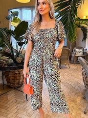 AX Paris Multi Ditzy Floral Print Flutter Sleeve Black Jumpsuit - Image 4 of 4