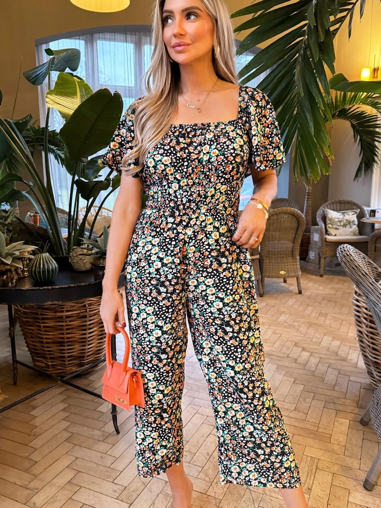 AX Paris Multi Ditzy Floral Print Flutter Sleeve Black Jumpsuit - Image 4 of 4