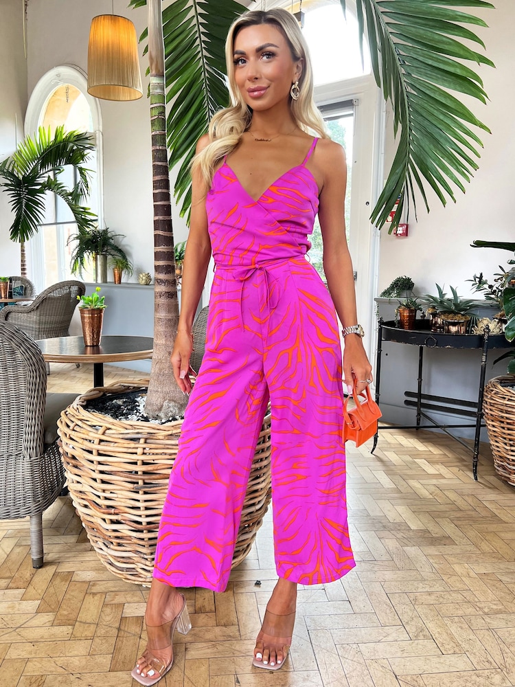 AX Paris Pink Printed Wrap Top Tie Waist Full Length Jumpsuit - Image 4 of 4