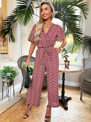 AX Paris Printed Butterfly Sleeve Belted Jumpsuit - Image 1 of 4