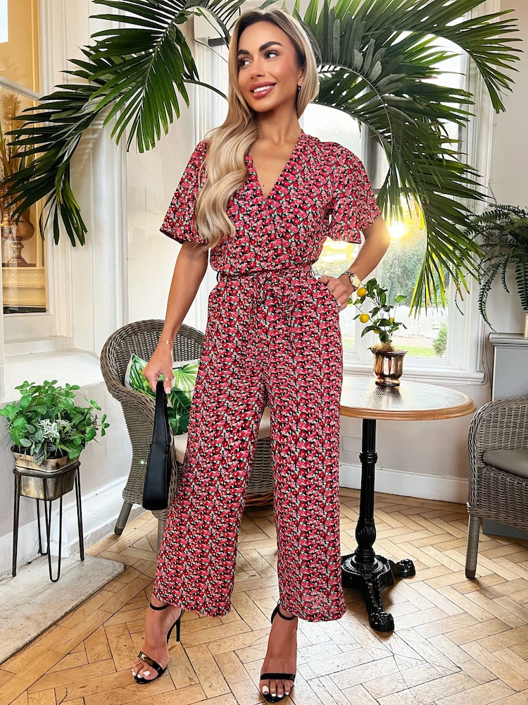 AX Paris Printed Butterfly Sleeve Belted Jumpsuit - Image 1 of 4