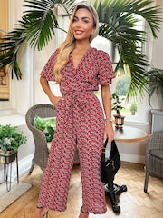 AX Paris Printed Butterfly Sleeve Belted Jumpsuit - Image 2 of 4