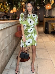 AX Paris Mini Green Floral Printed Short Puff Sleeve Gathered Side Dress - Image 1 of 4
