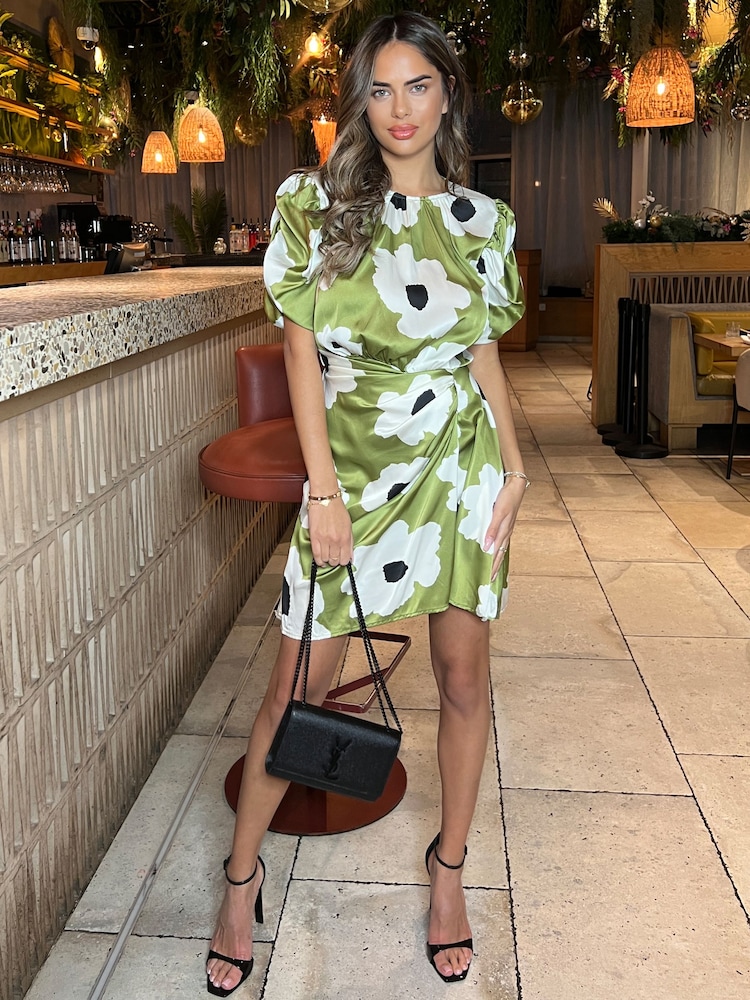 AX Paris Mini Green Floral Printed Short Puff Sleeve Gathered Side Dress - Image 1 of 4