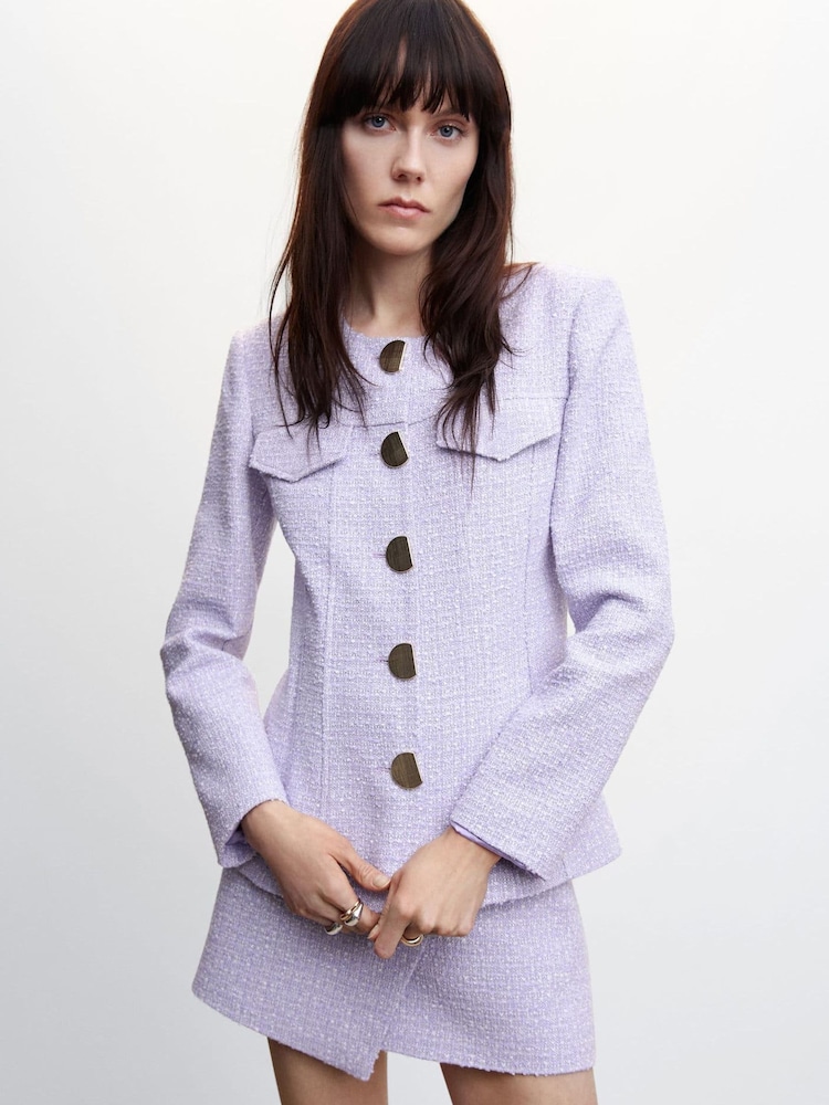 Mango Purple Tweed Jacket With Metal Buttons - Image 1 of 7 Mango Purple Tweed Jacket With Metal Buttons - Image 1 of 7