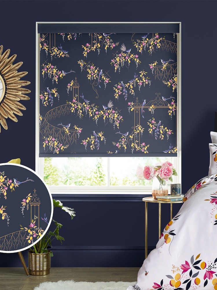Sara Miller Navy Blue Birds & Gate Made to Measure Roller Blinds - Image 1 of 6