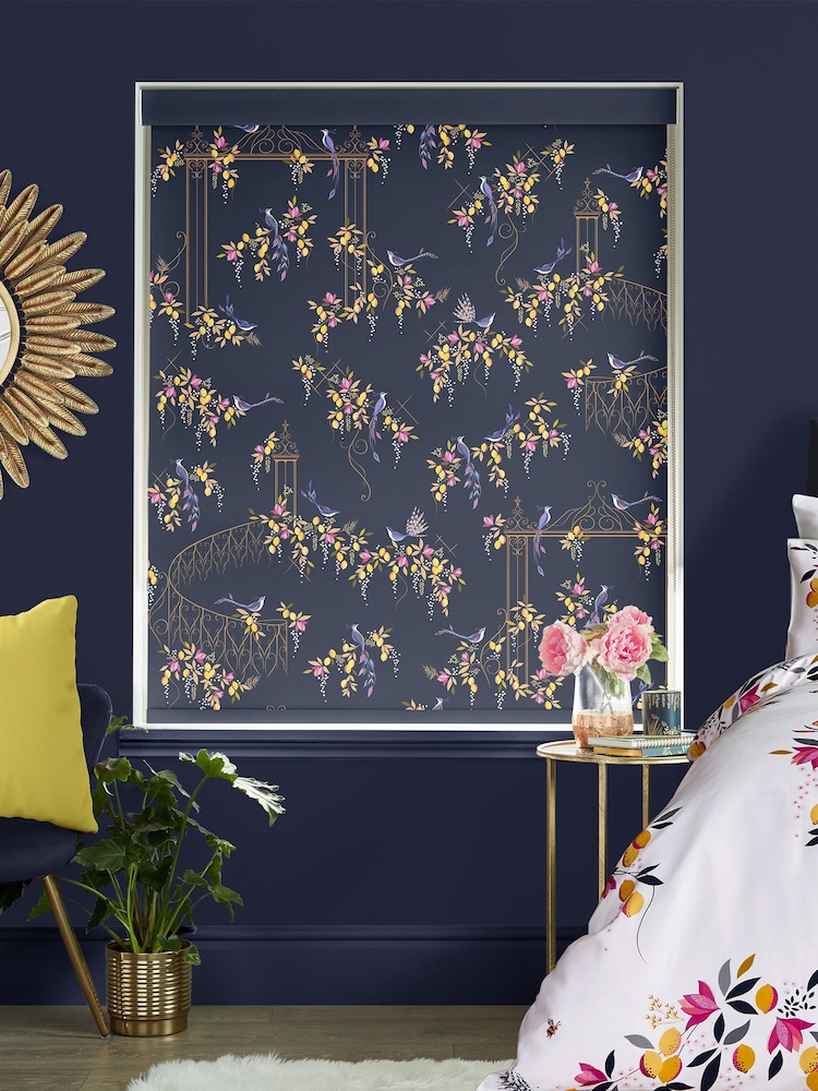 Sara Miller Navy Blue Birds & Gate Made to Measure Roller Blinds - Image 2 of 6